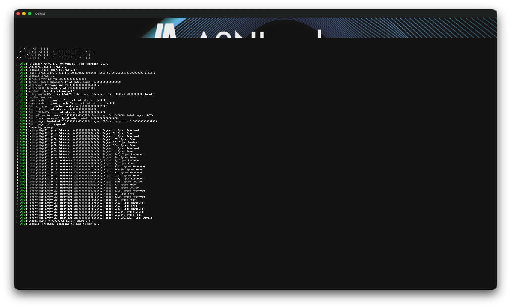 A9NLoader-rsがA9N KernelとInitを読み込み，Memory Mapを準備しているQEMU画面
