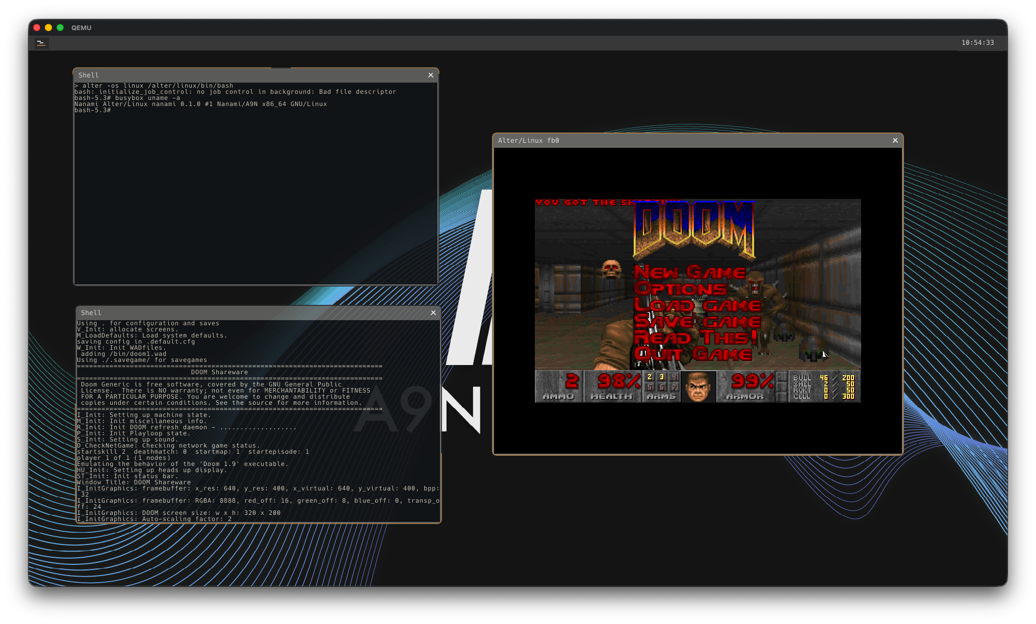 Alter/Linux上でBash,BusyBoxのuname,DOOMを無改変Linux Binaryとして実行している画面