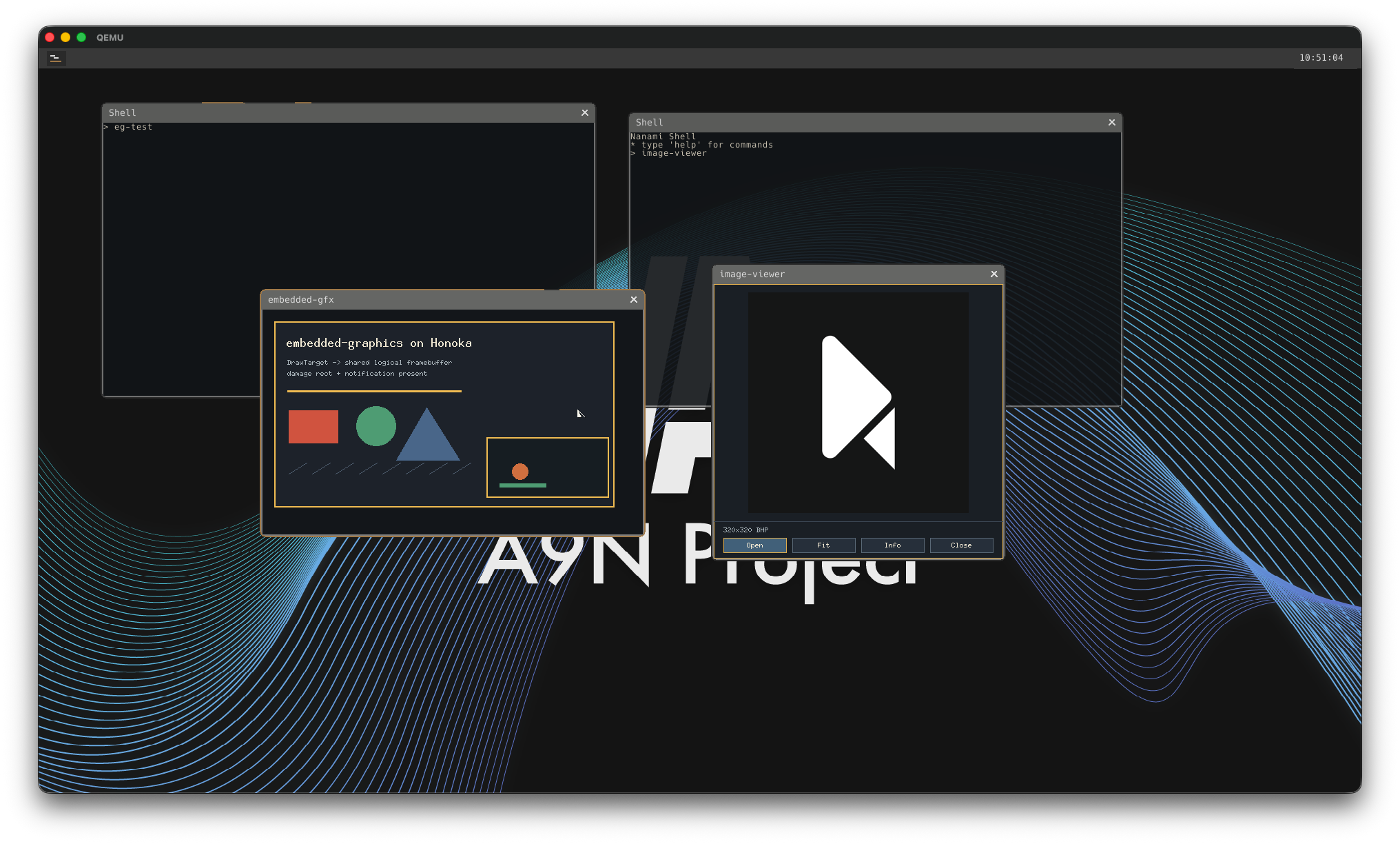 Honoka Desktop上でShell,embedded-gfx Demo,Image Viewerを起動している画面